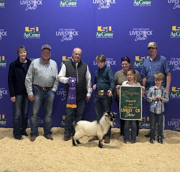 A group of people posing with a pygmy goat.